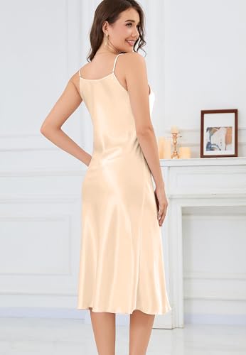 Image of ALCEA ROSEA Women's Midi Satin Slip Dress Adjustable Spaghetti Strap Nightgown Silky Under Dresses