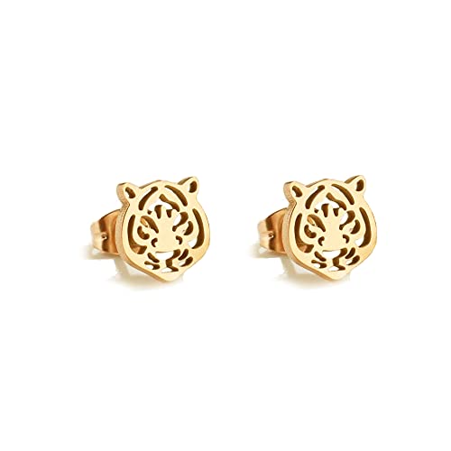 Simple Tiger Head Stud Earrings Stainless Steel for Women Teen Girls Hollow Animal Cartilage Pierced Hypoallergenic Studs Earring Cute Jewelry Gifts