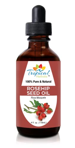 Tropical Holistic Organic Rosehip Seed Oil, 100% Pure Cold Pressed Unrefined Rose Hip Facial Oil, Anti-Aging Face Oil to Tighten Wrinkles & Lines, Restores Elasticity, Nourishing Hair Oil, 4 oz