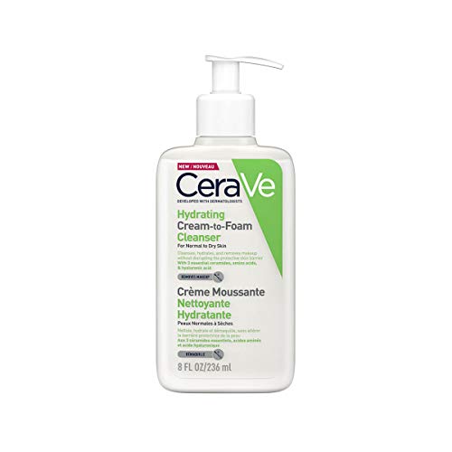 CeraVe Hydrating Cream To Foam Cleanser Face Wash 236ml, For Normal to Dry Skin, Hydrates + Removes Makeup without Disrupting the Protective Skin Barrier, Hyaluronic Acid + Amino Acids + Ceramides