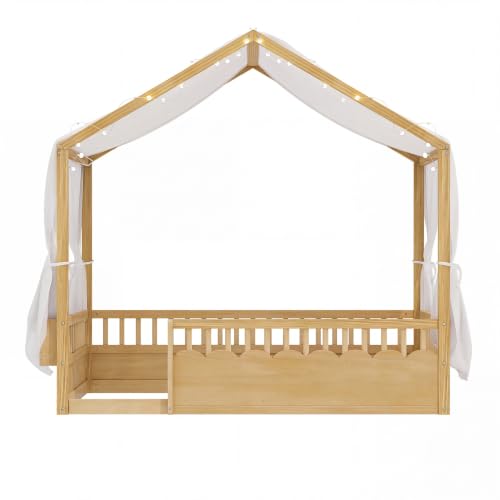 Image of Bellemave Twin House BedFrame with Canopy, Montessori House Bed with LED and Bookshelf and Rails for Kids, Natural