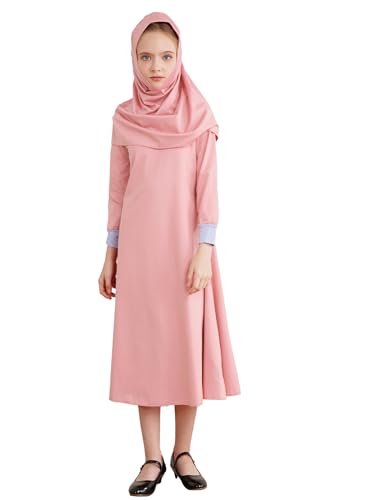 easyforever Kids Girls Solid Abaya Muslim One-Piece Prayer Dress Full Length Robe Islamic Maxi Dress with Headscarf Pink 12-18 Months