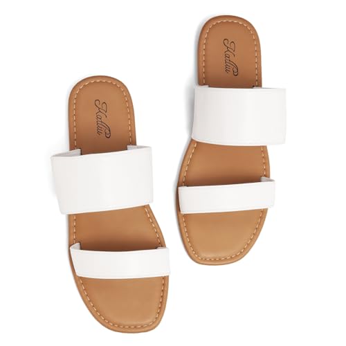 katliu Women's Flat Sandals Two Strap Slide Sandals Open Toe