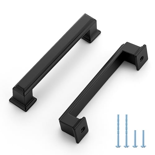 Ravinte Hardware 5 Pack Matte Black Cabinet Pulls, 3-3/4 Inch (96mm) Hole Center Zinc Alloy Drawer Handles for Kitchen Cabinets, Cupboards, Dressers, Square Solid Metal Hardware by Ravinte Hardware - Used condition - US$16.64