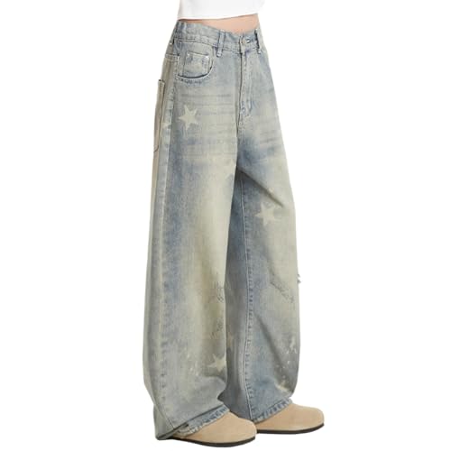 Vintage Casual Y2K High Waisted Straight Leg Star Jeans Fashion Cute Printed Gradual Pants for Women