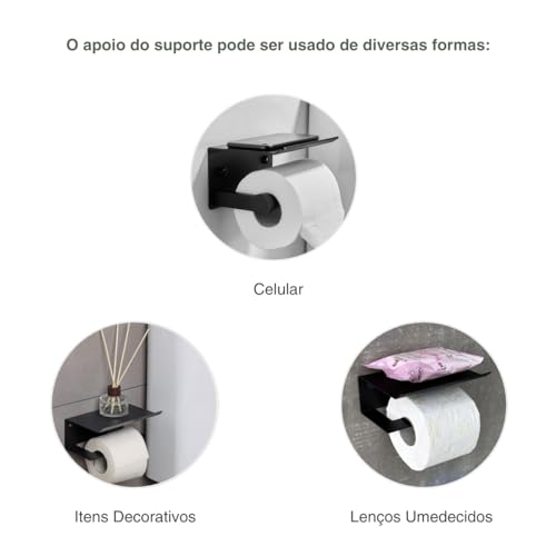 Suporte Porta Papel Higiênico Compacto com Apoio para Celular e Itens Pessoais - Fixação sem Furação