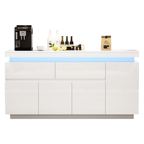 Azkoeesy Aparador con iluminación LED, color blanco brillante, 140 x 35 x 73 cm, cómoda con 2 cajones, 4 puertas, estantes ajustables, armario de salón con control de aplicación LED