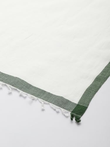 ASVA Handwoven Off-White Cotton Scarf with Green Border and Selvedge, Elegant Christmas Collection Accessory for Women4