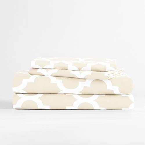 Egyptian Luxury 1800 Series Hotel Collection Quatrefoil Pattern Bed Sheet Set - Deep Pockets, Wrinkle and Fade Resistant, Hypoallergenic Printed Sheet and Pillow Case Set - Twin - Cream
