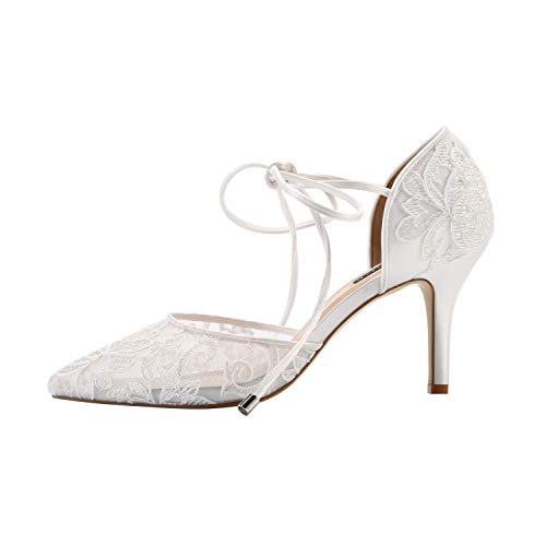 ERIJUNOR Ivory Lace Mesh Satin Bridal Wedding Shoes for Women Comfortable Mid Heel Tie Up Ankle Strap Pointy Toe Pumps3