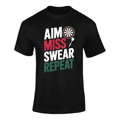 Aim Miss Swear Repeat Darts Player T Shirt Funny Novelty Pub Dartboard Humour Gift for Men Black L Style 1