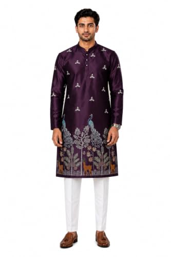 Generic Men’s Wine Satin Embroidered Straight Kurta, Large - Image 2