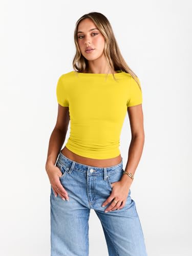 Image of Trendy Queen Womens Boat Neck Tops Short Sleeve Shirts | Compression Basic Tops,Y2K Aesthetic Slim Fit,Professional Business Casual, Polished Teacher Outfits
