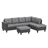 EMKK Modern Sectional Sofa Set Left Right Chaise Lounge & Storage Ottoman Reversible Convertible Upholstered Corner L Shaped Sofá Living Room Couch w/Cup Holder, Arm Nail for Home/Office, Black