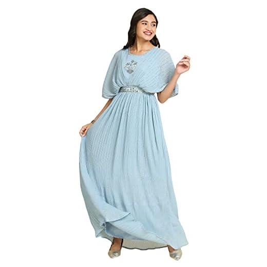 madhuram Women's Long Gown for Solid Georgette with Heavy Embroidery and Hand Work with Belt(2408) (in, Alpha, M, Regular, 2) Sky Blue