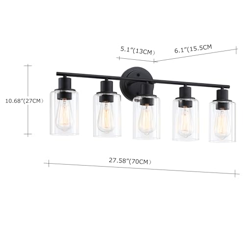 Image of 5-Light Black Bathroom Vanity Light Fixture Over Mirror - 5 Bulb Black Wall Sconce for Bathroom Bedroom Hallway Wall Mount Fixture Over Kitchen Sink
