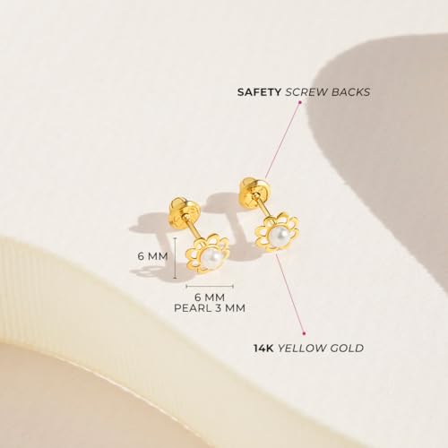 14k Yellow Gold Girl's Dainty Cultured Pearl Flower Screw Back Stud Earrings - Small Flower Screw Back Earrings for Babies, Toddlers, Young Girls4