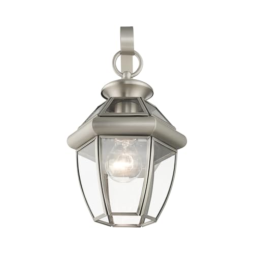 Image of Livex Lighting 2051-91 Monterey 1 Light Outdoor Brushed Nickel Finish Solid Brass Wall Lantern with Clear Beveled Glass | Clear Beveled Glass; Solid brass construction