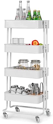 COSTWAY 4 Tier Storage Trolley Cart, Metal Rolling Utility Organiser Shelf with Mesh Basket and Wheels, Mobile Serving Trolley Rack for Home Kitchen Bathroom Office (White)