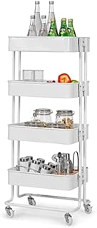 COSTWAY 4 Tier Storage Trolley Cart, Metal Rolling Utility Organiser Shelf with Mesh Basket and Wheels, Mobile Serving Trolley Rack for Home Kitchen Bathroom Office (White)