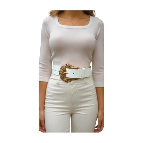 Women White Fashion Belt - Faux Leather Waistband Gold Metal Filigree Western Buckle S M z2262