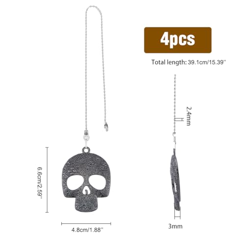 Image of 4pcs 15.39Inch Alloy Skull Ceiling Fan Pull Chain 44mm Pendant Retro Fan Zipper and Ball Chain Connector Metal Extension Chain for Bathroom, Bedroom, Living Room Lighting Decoration