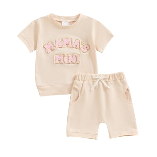 FIOMVA Toddler Baby Girl Summer Clothes 0 3 6 9 12 18 24Months 2t 3t Letter Short Sleeve Top Shirt+Short Pants Set Mother's Day Outfits(Beige Mama's Mini, 2-3 Years)