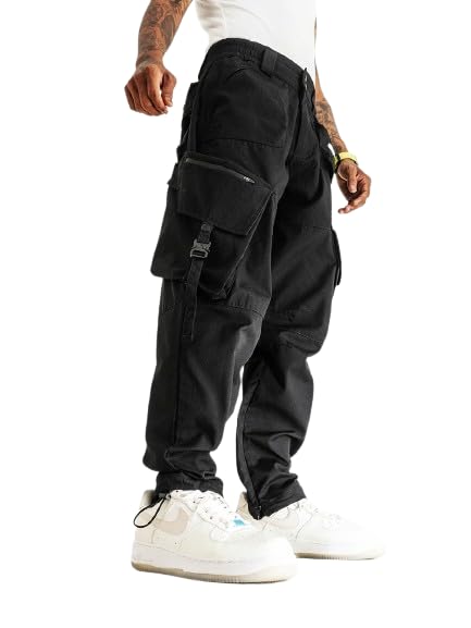 Image of URBAN MONKEY Ripstop Cargo Pants / / Black 65% Polyester 35% Ripstop Solid Relaxed Fit True to Size Full Length Contrast Stitch Detailing Button and Zip Closure with Belt Loops 12 Functional Pockets