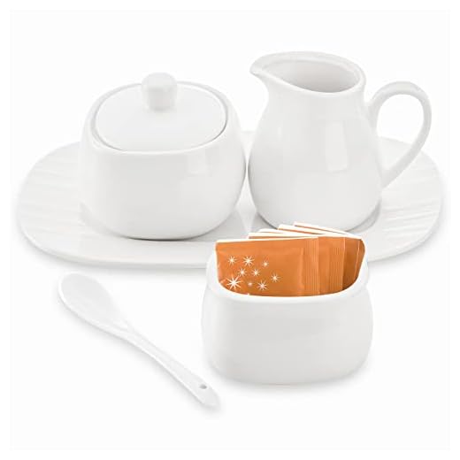 Dicunoy Set of 4 Sugar and Creamer Set, Small Creamer Pitcher with Handle, Sugar Bowl with Lid, Spoon and Tray, White Ceramic Sweetener Packet Container for Coffee Bar, Tea, Milk