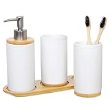 Mabo 4-teiliges Keramik Badezimmer Set mit Seifenspender, Zahnbürstenhalter, Zahnputzbecher und Bambus Holzuntersetzer. Modernes und Elegantes Design. Organiser für Bad, WC und Küche.