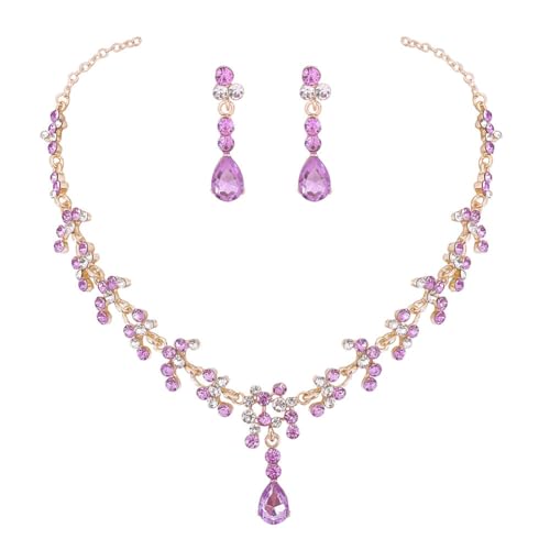Carufin MARIAGE CRISTAL collier boucles d'oreilles ensemble collier de mariée femmes et filles bijoux accessoires (La couleur violette)