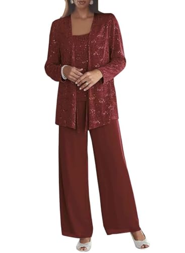 Plakend 3 Pieces Sequin Burgundy Mother of The Groom Pant