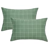 JELLYMONI 100% Natural Cotton Plaid Standard Pillowcases Set, 2 Pack White with Green Grid Geometric Pattern Printed Pillow Covers with Envelope Closure(Pillows are not Included)