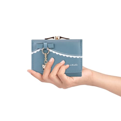 Image of NFI essentials Multi Fold Women's Wallet, Holding Credit Card Cash & Coins Small Purse Clutch with Cat Shaped Metal Keychain Mini Wallet (Blue)