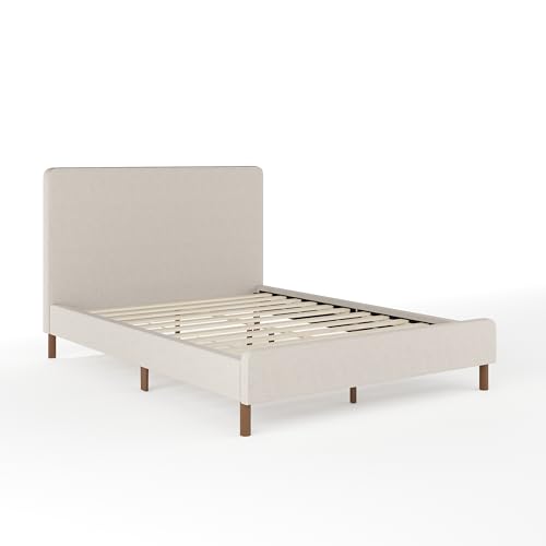 Image of Martha Stewart Britta Platform Bed with Headboard & Footboard, Faux Linen Upholstery with Piping Detail, Rounded Headboard, No Box Spring Needed, Full, Beige