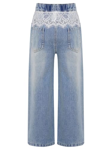 Linjinx Kids Girls High Waist Lace Trim Jeans Pants Denim Trousers Wide Leg Jeans Casual Denim Pants with Pockets4