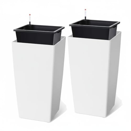 30 Inch Tall Self Watering Planters Set of 2, Outdoor Plant Pots with Automatic Watering System, Water Level Monitor, Drainage, Wheels & Inner Bucket,