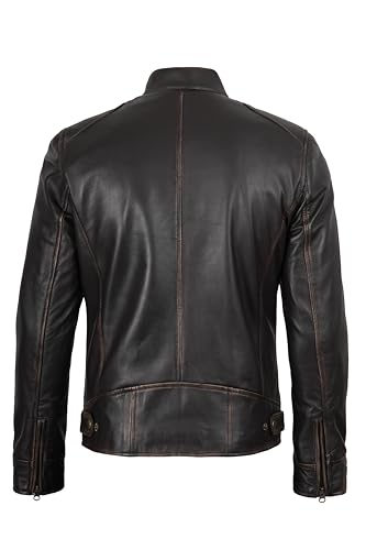 Image of fjackets Mens Leather Jacket - Real Lambskin Cafe Racer Jacket Stand Collar Moto Biker Zip Jacket For Men