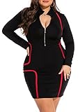 RED DOT BOUTIQUE Women's Plus Size Deep V Neck Front Zip Long Sleeve Sexy Bodycon Club Mini Dress