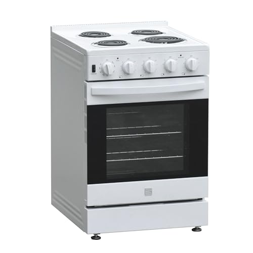 Kenmore 24' Electric Range, 3.73 cu. ft. Oven, 4 Coil Burners, Front Controls, Black Porcelain Top, Halogen Light, 3000W Broil & 2700W Bake, Storage Drawer – White