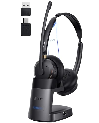 Wireless Headset with Mic for Work, AI ENC Noise Cancelling for Clear Call ＆ Meeting, Work Headset with Charge Stand for Remote & Office, Bluetooth 5.3 & 2.4G Dongle Headset for PC, Phone, Teams, Zoom