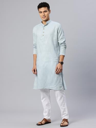 Image of Majestic Man Men's Cotton Regular Fit Traditional Mandarin Collar Ethnic Motifs Solid Long Kurta