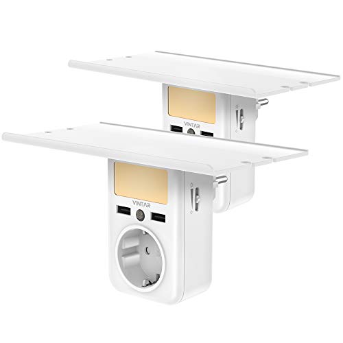 USB Steckdose Regal 2 Stücke, Stecker mit USB Anschluss(4000 W,2.4 A),Steckdosenadapter,Nachtlicht Steckdose Dämmerungssensor,