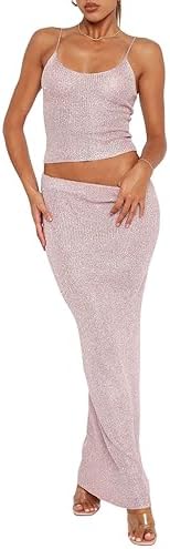 Women Sexy Glitter Knit 2 Piece Outfits Sequin Slim Fit Crop Cami Top Sparkle Maxi Bodycon Skirt Set Clubwear