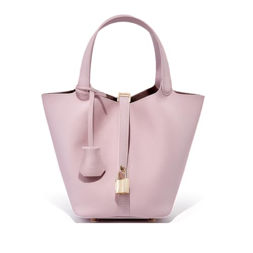 Genuine Leather Lock Design Bucket Bag Vegetable Basket for Women, Ladies' Versatile Shoulder Handbag