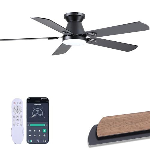 iacaf Ceiling Fans with Lights, 52'' Low Profile Ceiling Fan with Light and Remote/APP Control, Dimmable, Quiet DC Motor, Flush Mount Ceiling Fan for Bedroom Living Room, Indoor/Outdoor Use, Black