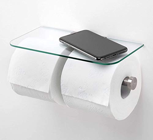 Jackcubedesign Double Toilet Paper Holder With Glass Shelf, Wall Mount Stainless Steel Dual Tissue Dispenser Holders For Bathroom (Glass Type2) - Mk428D #TOP5