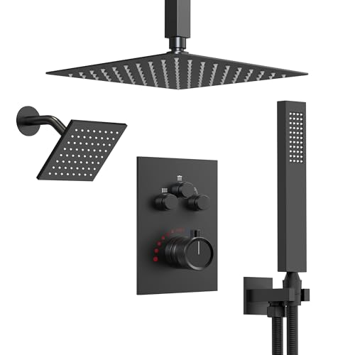EVERSTEIN Ceiling Mount 12 High-Pressure Rainfall Shower Faucet Dual Rainfall Shower Head System with Valve (Matte Black)