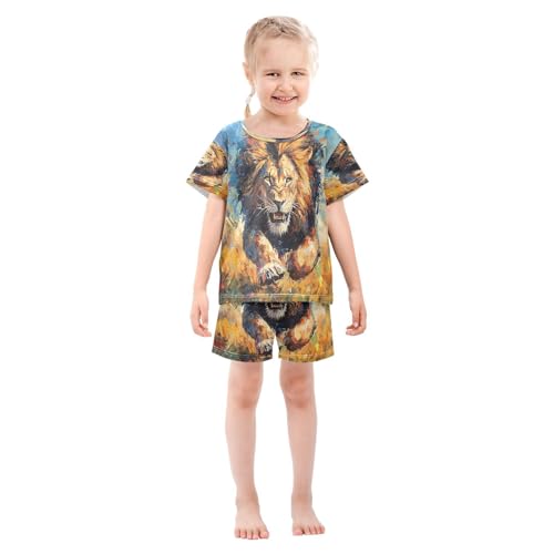 ALAZA Lion Watercolor Oil Painting Pajamas Set Short Sleeve Cotton Sleepwear Summer Pjs 2 Piece 5-14Y3