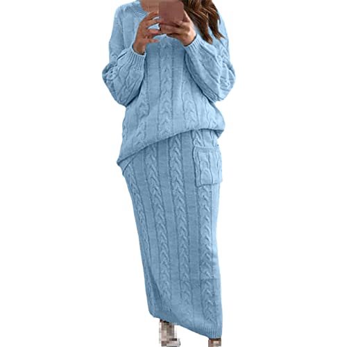 Ensemble 2 pièces d'hiver en tricot pour femme - Pull décontracté à manches longues + jupes tricotées - Ensemble chaud pour femme - Bleu ciel, bleu ciel, S Cover